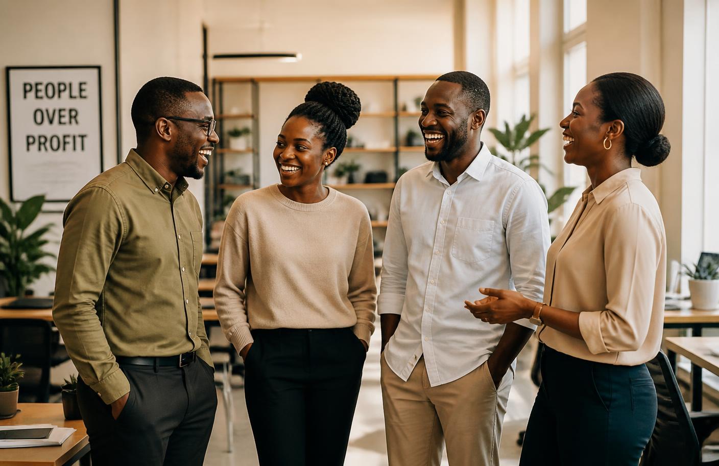 NexaCash members talking together in a bright co-working space
