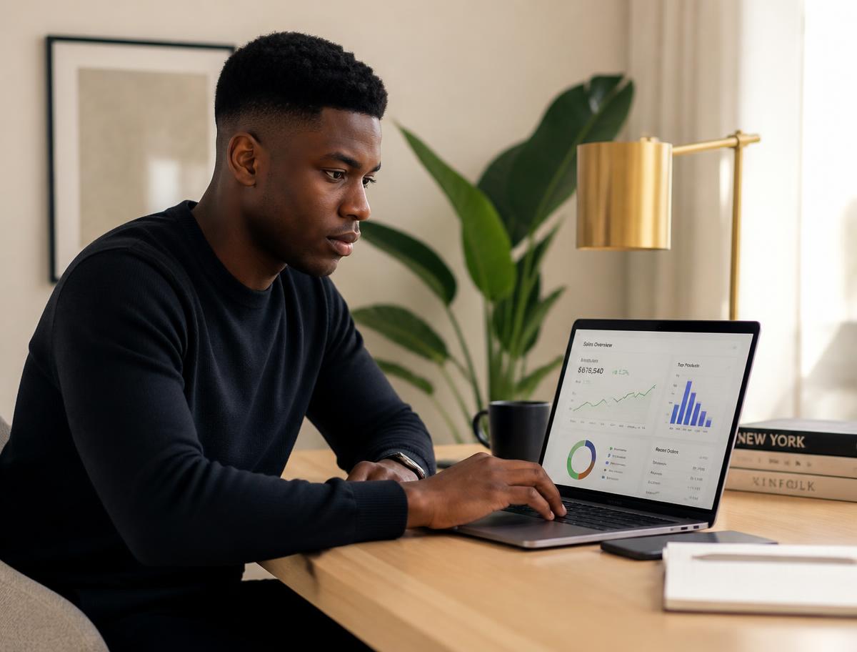 Affiliate marketer reviewing commission performance charts at home